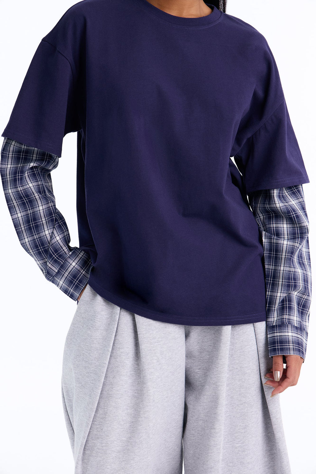 My Mans Plaid Layered Long Sleeve Tee - Navy/combo