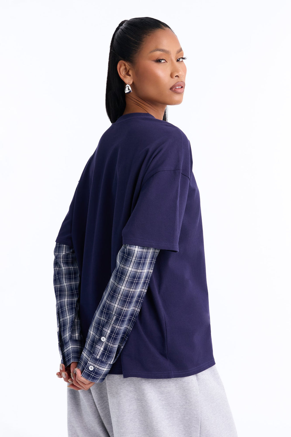 My Mans Plaid Layered Long Sleeve Tee - Navy/combo