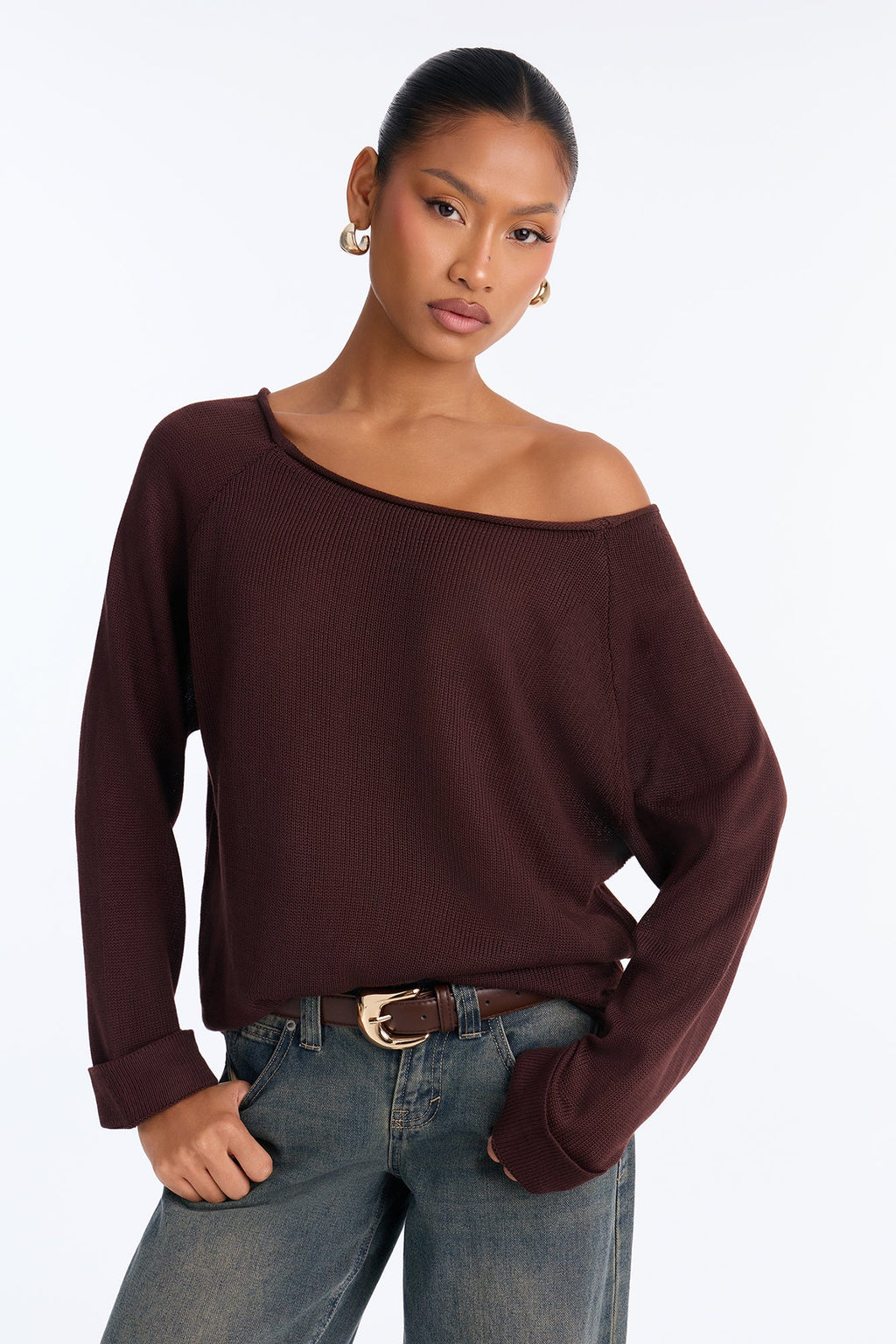 Casey Off Shoulder Long Sleeve Sweater - Chocolate