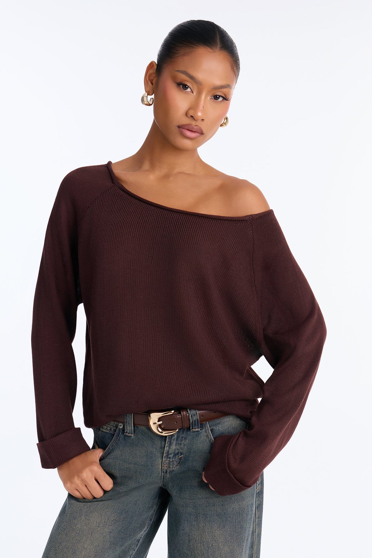 Casey Off Shoulder Long Sleeve Sweater - Chocolate