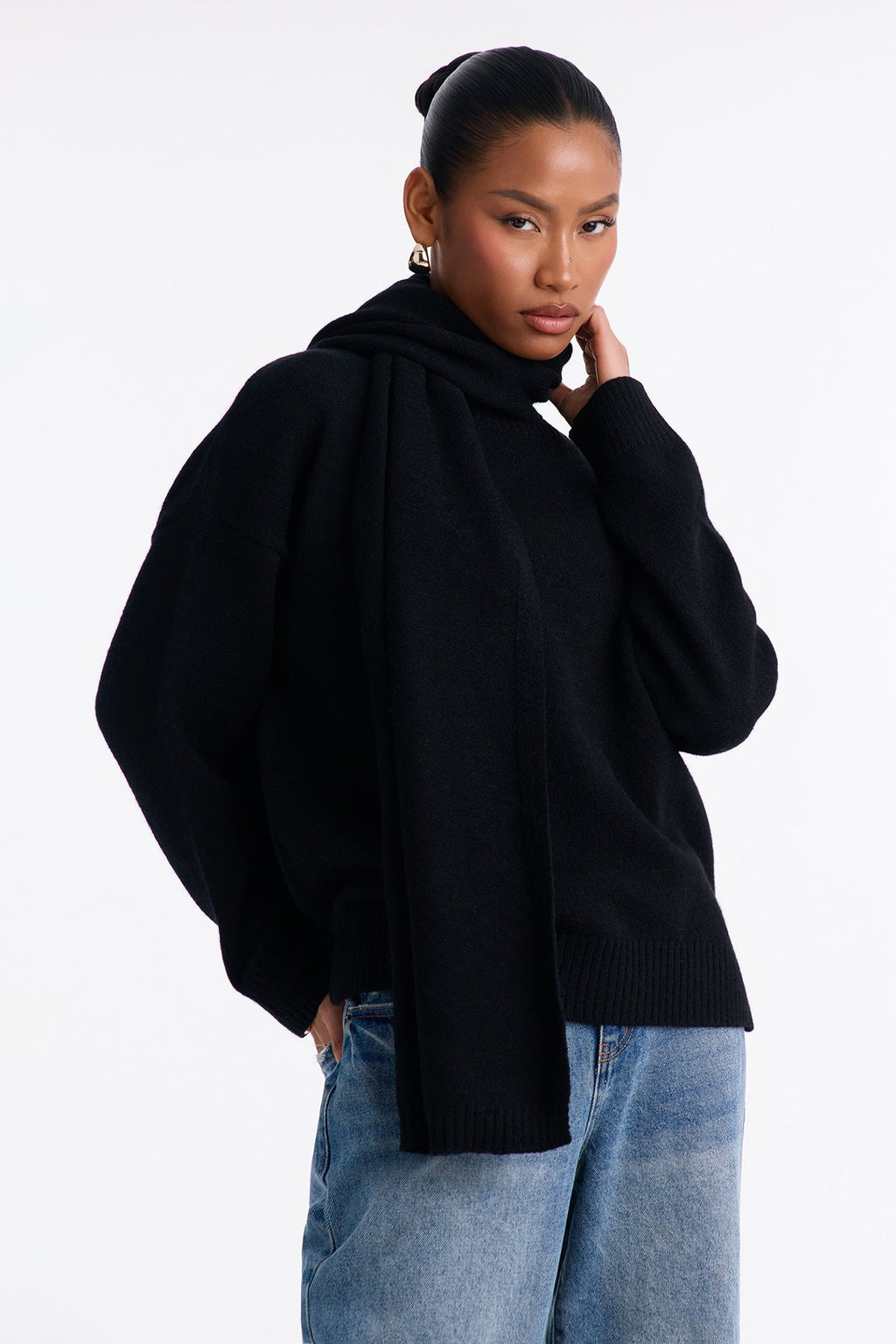 Maribel 2pc Scarf Pullover Sweater Set - Black