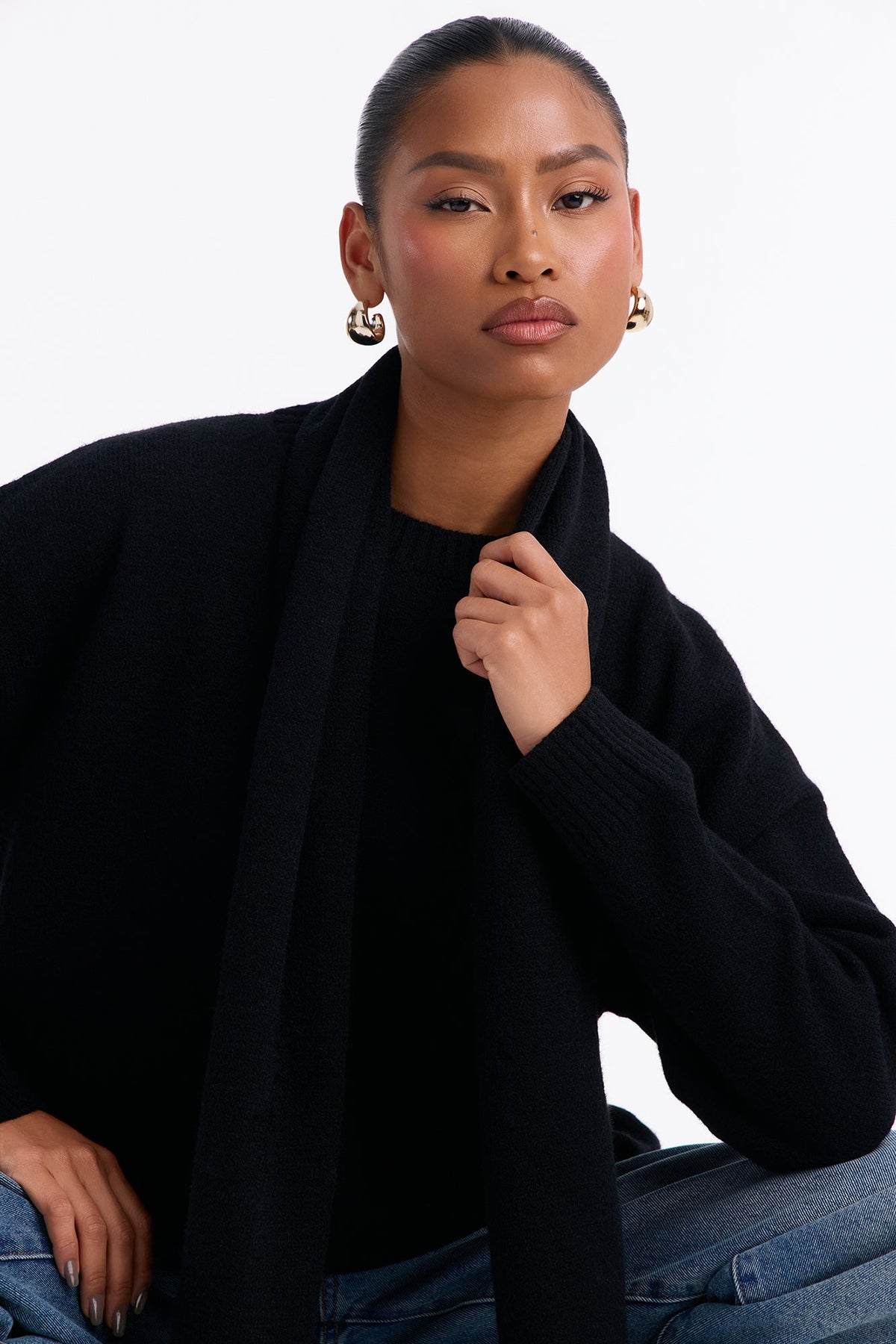 Maribel 2pc Scarf Pullover Sweater Set - Black