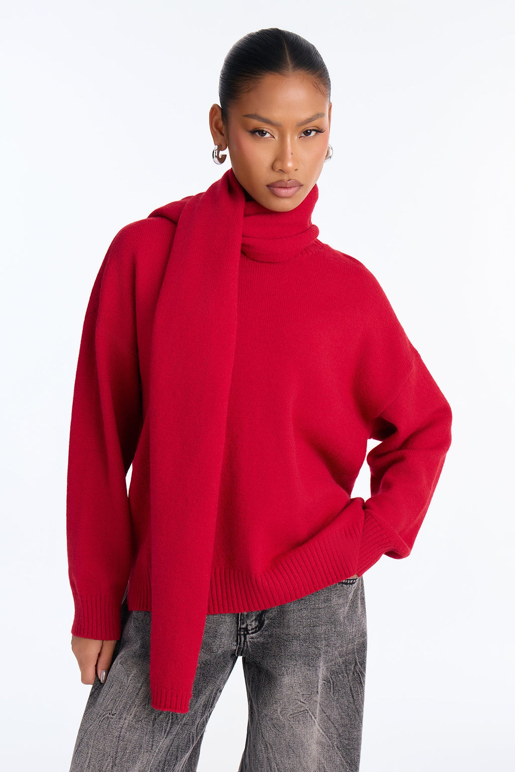 Maribel 2pc Scarf Pullover Sweater Set - Red