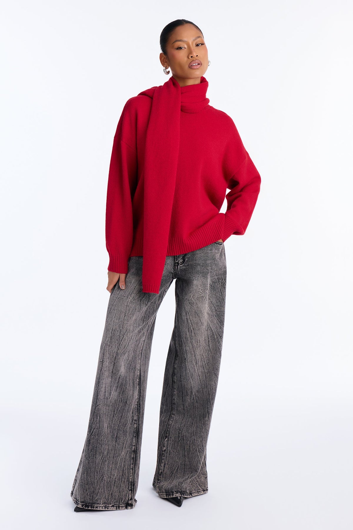 Maribel 2pc Scarf Pullover Sweater Set - Red