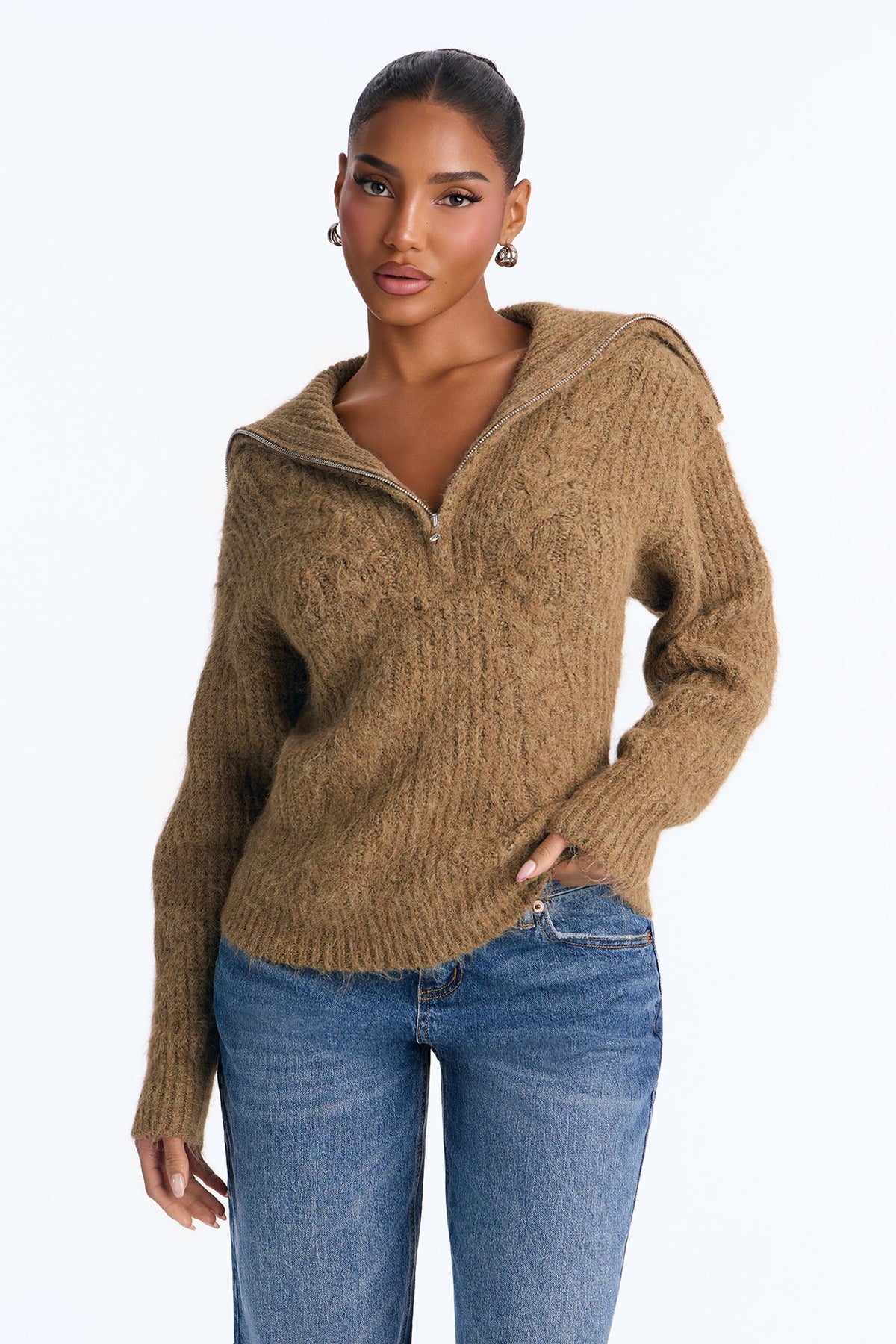 Chai Season Fuzzy Cable Knit Half Zip Sweater - Mocha