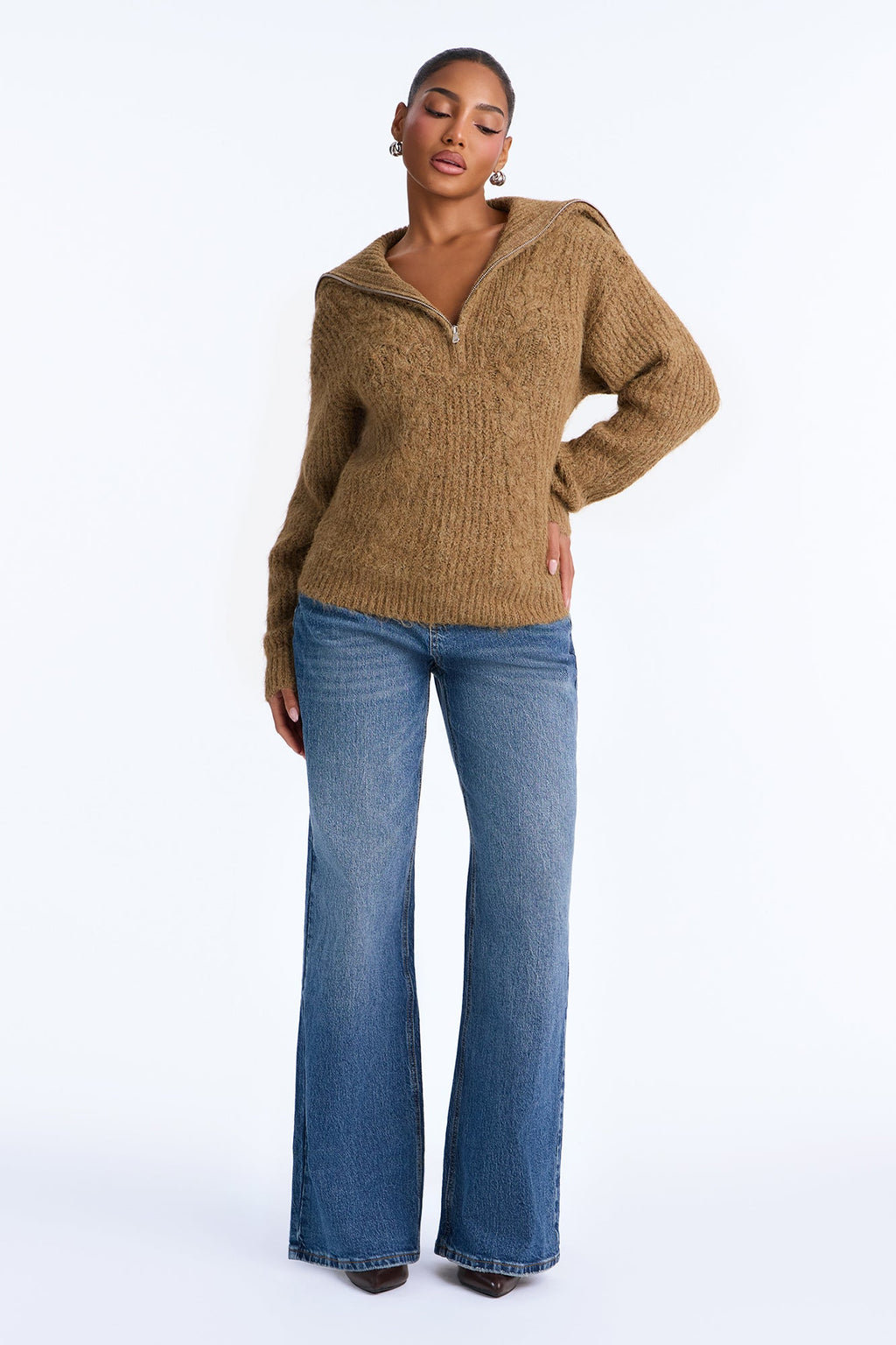 Chai Season Fuzzy Cable Knit Half Zip Sweater - Mocha