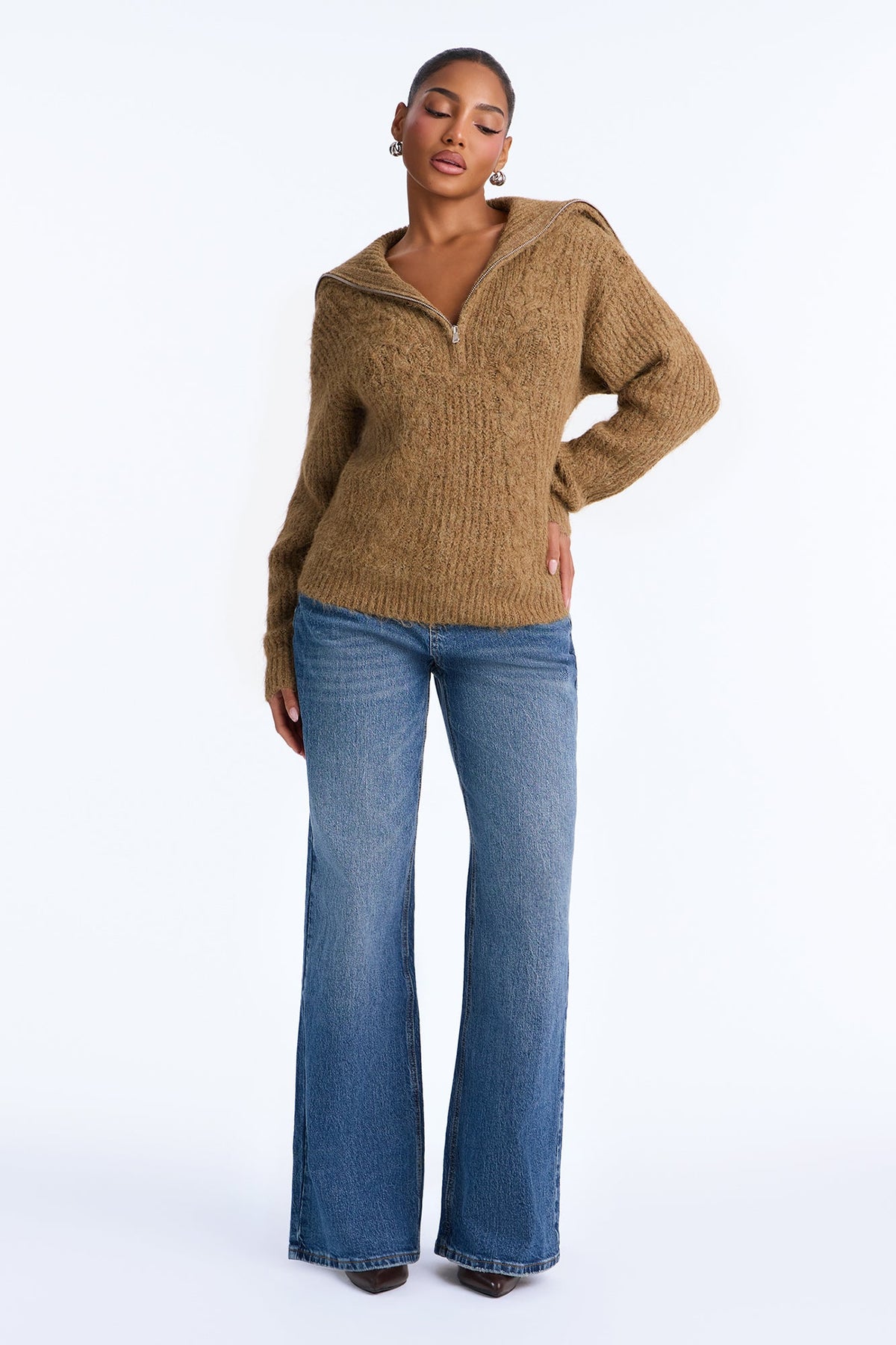 Chai Season Fuzzy Cable Knit Half Zip Sweater - Mocha