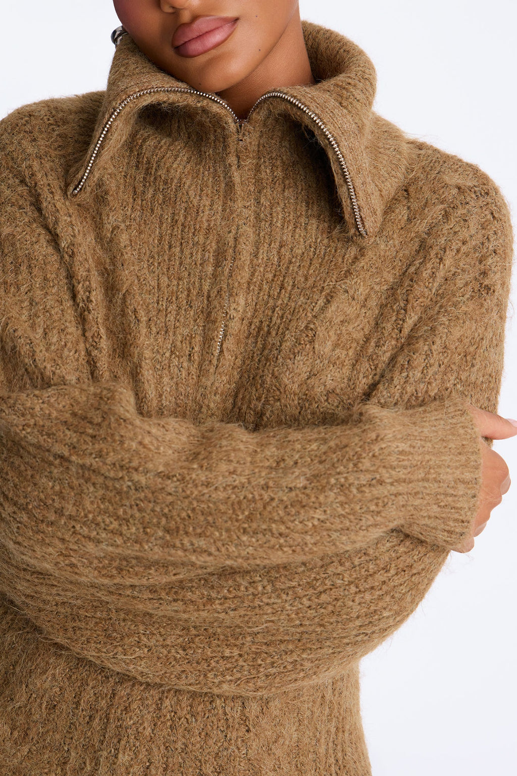 Chai Season Fuzzy Cable Knit Half Zip Sweater - Mocha