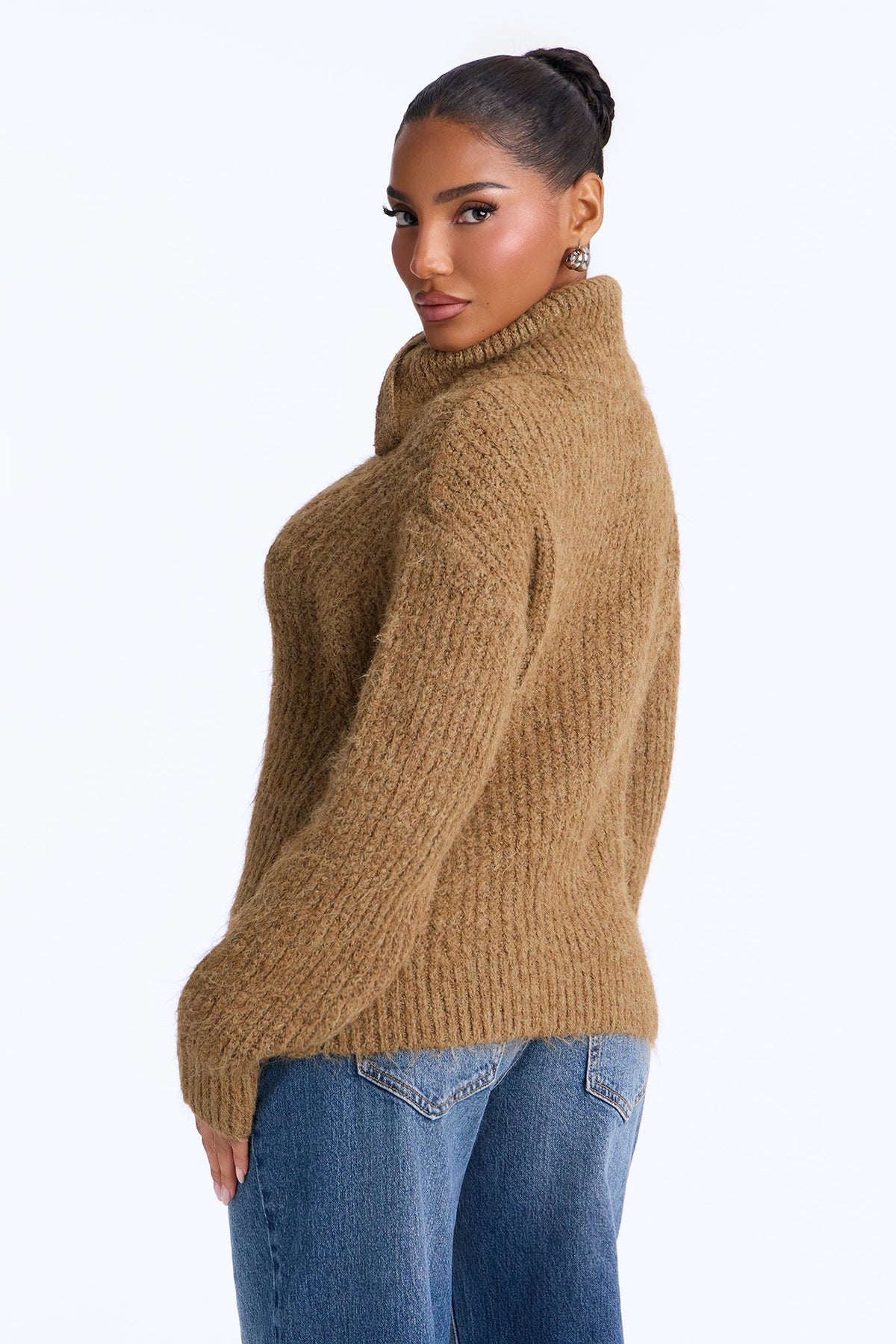 Chai Season Fuzzy Cable Knit Half Zip Sweater - Mocha