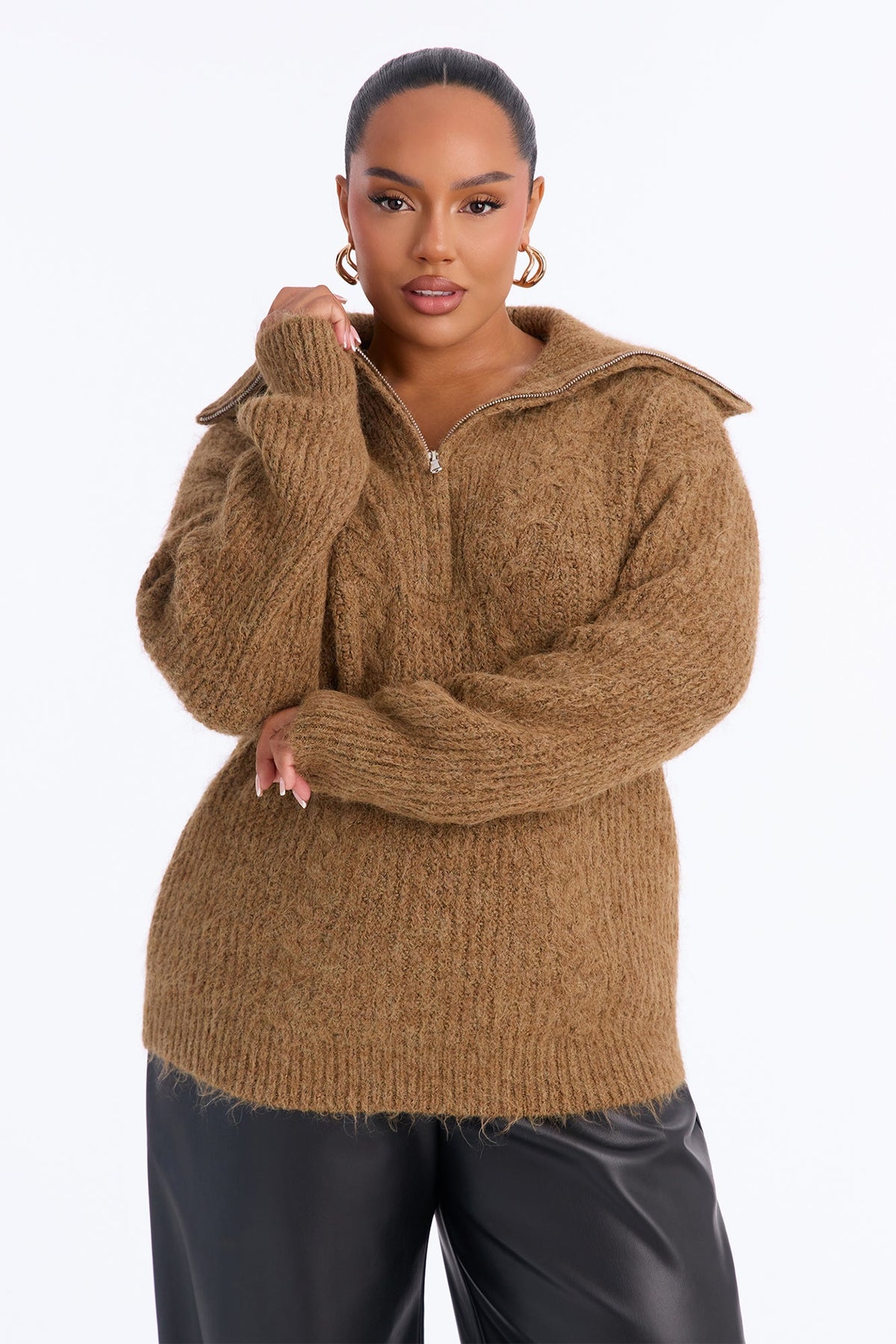 Chai Season Fuzzy Cable Knit Half Zip Sweater - Mocha
