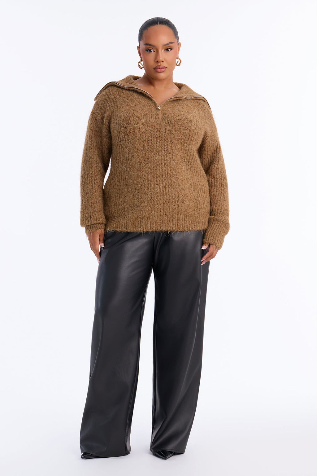 Chai Season Fuzzy Cable Knit Half Zip Sweater - Mocha