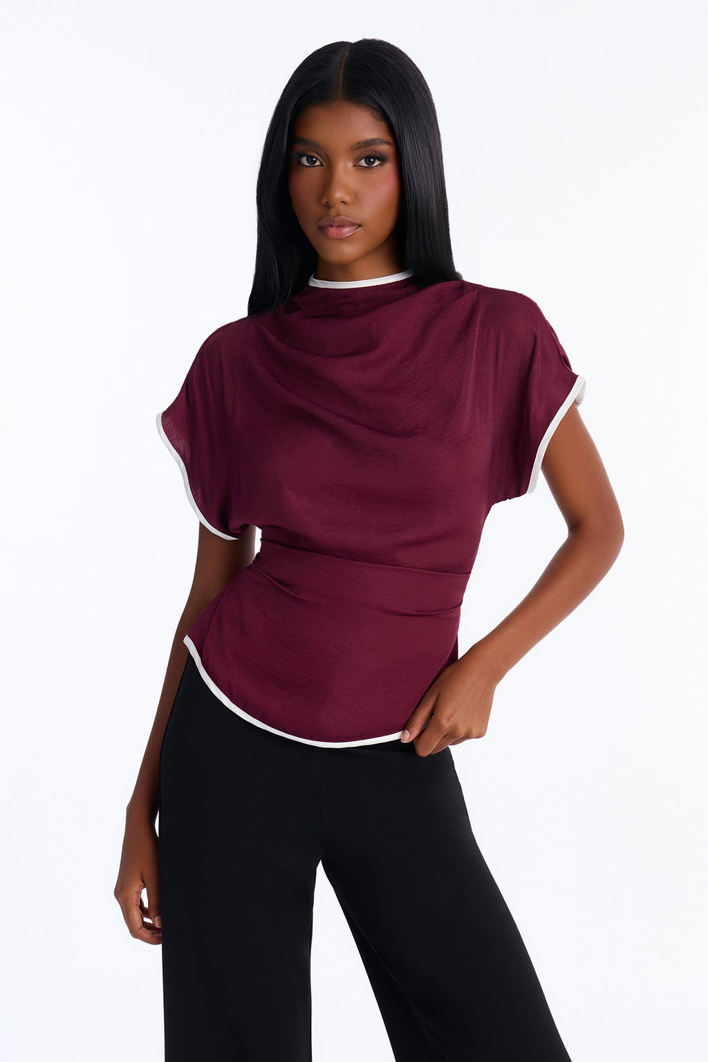 Carolyn Contrast Short Sleeve Blouse - Burgundy/combo