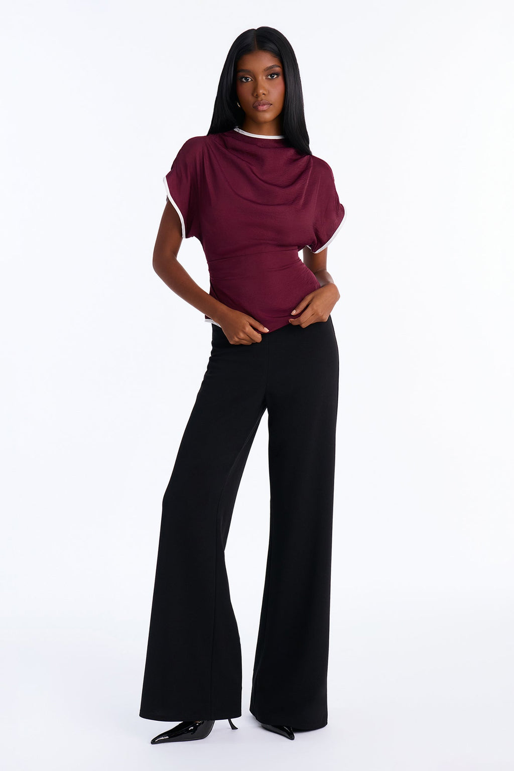Carolyn Contrast Short Sleeve Blouse - Burgundy/combo