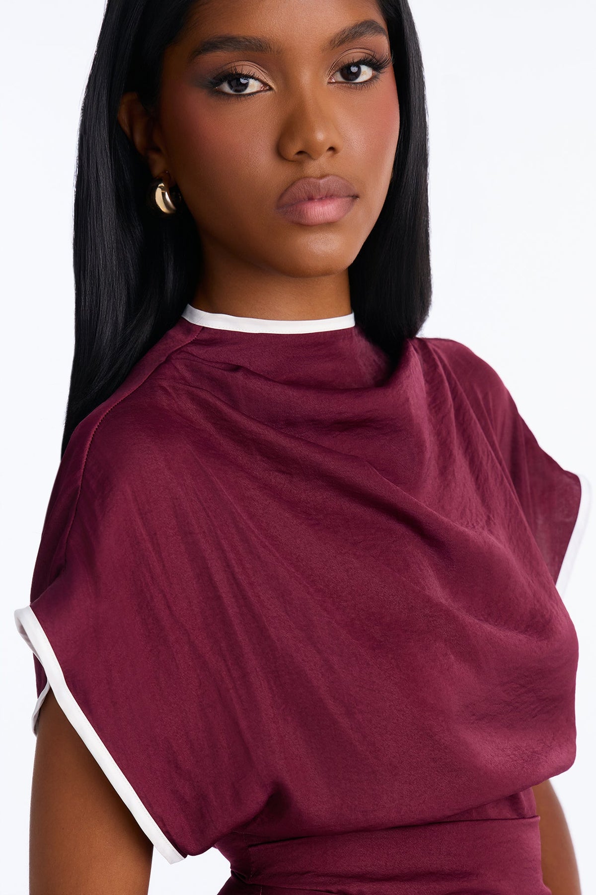 Carolyn Contrast Short Sleeve Blouse - Burgundy/combo