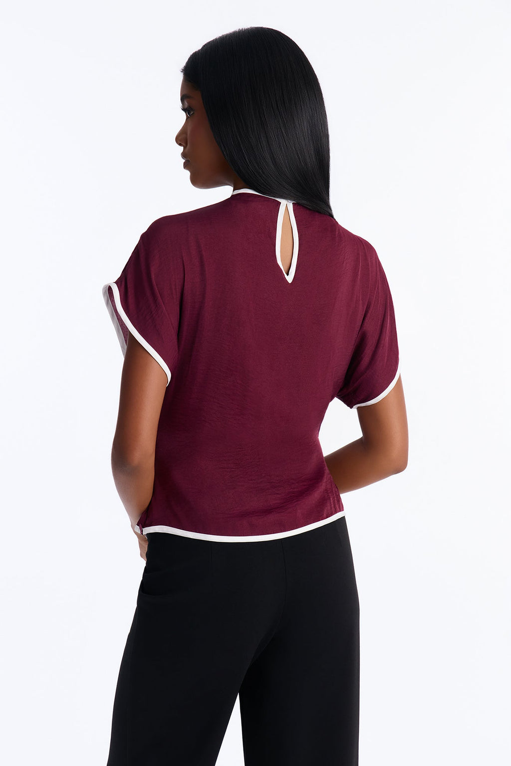 Carolyn Contrast Short Sleeve Blouse - Burgundy/combo
