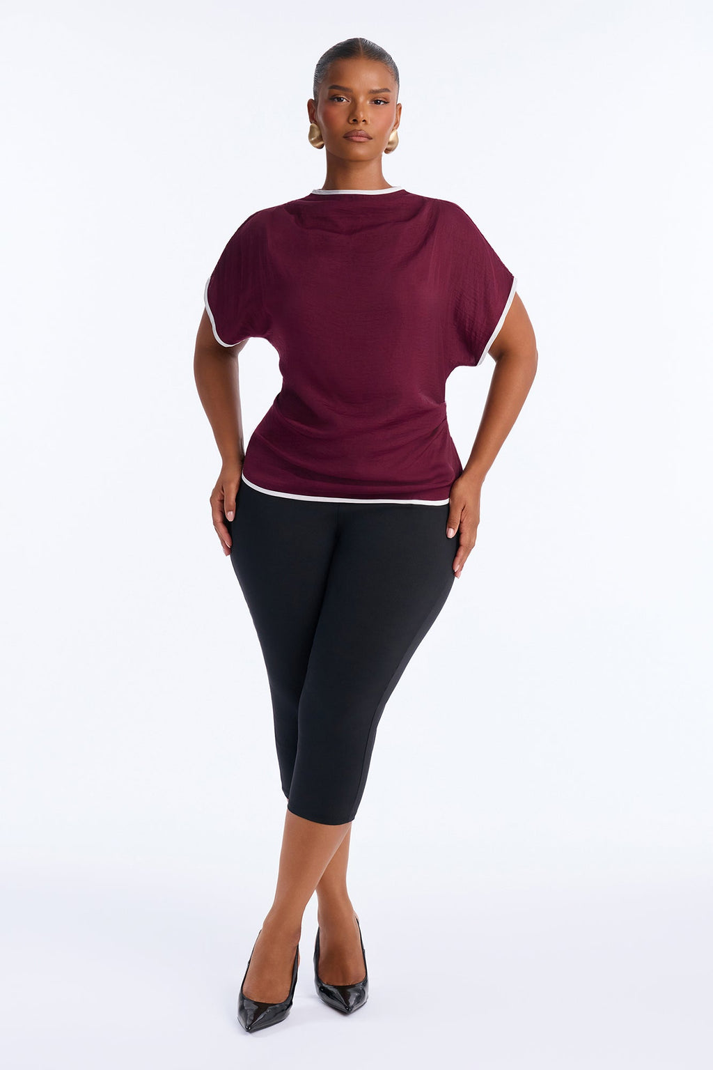 Carolyn Contrast Short Sleeve Blouse - Burgundy/combo
