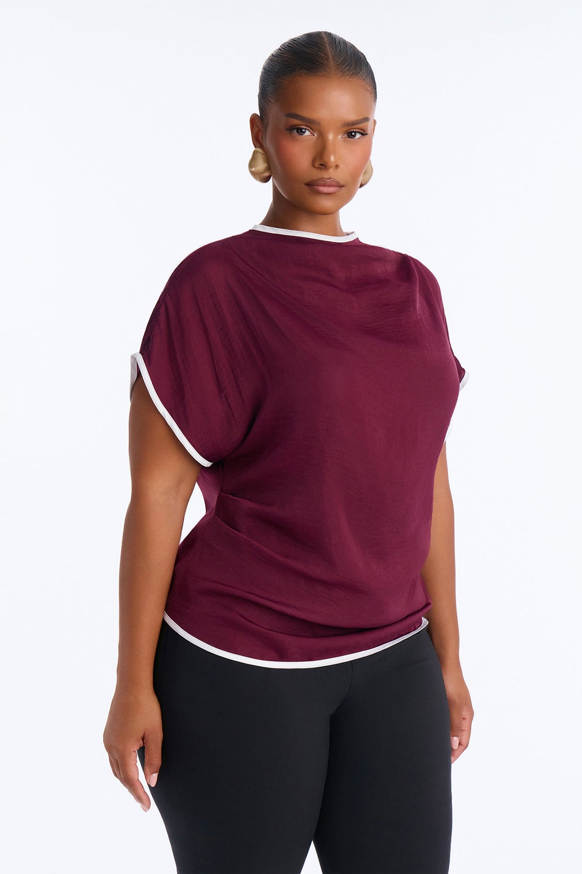 Carolyn Contrast Short Sleeve Blouse - Burgundy/combo