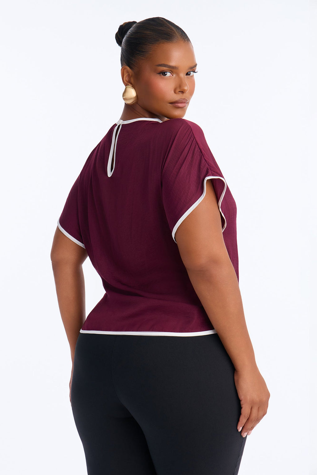 Carolyn Contrast Short Sleeve Blouse - Burgundy/combo
