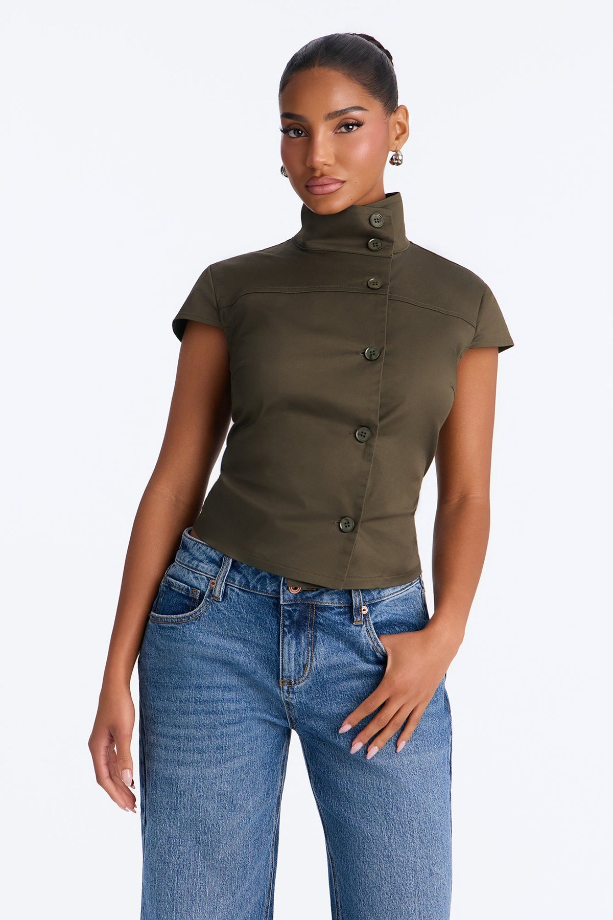 Tina Funnel Neck Button Up Top - Olive