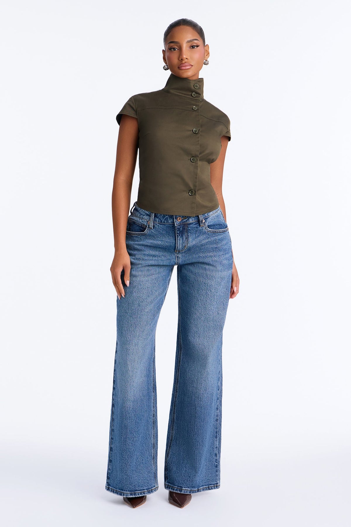 Tina Funnel Neck Button Up Top - Olive