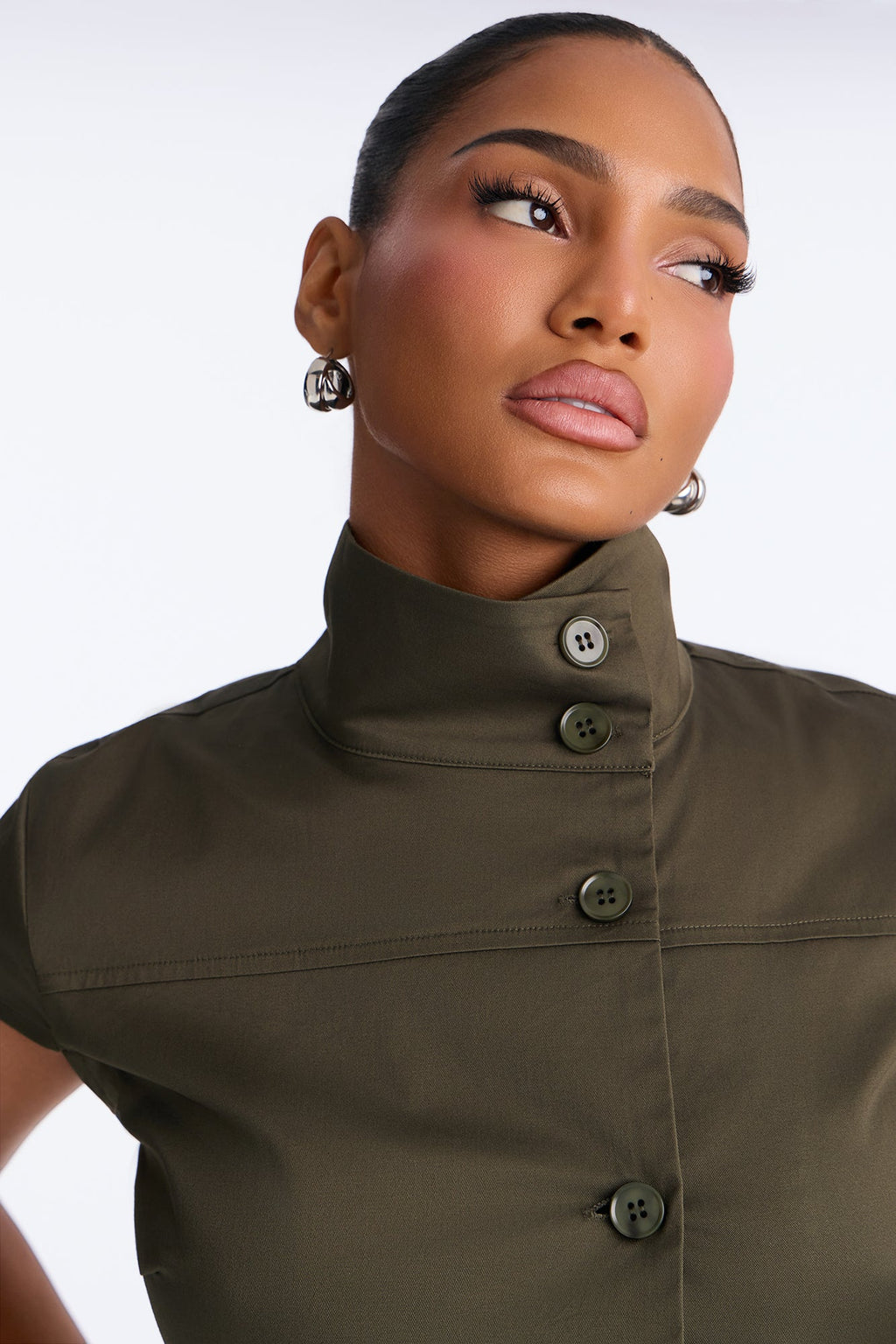 Tina Funnel Neck Button Up Top - Olive