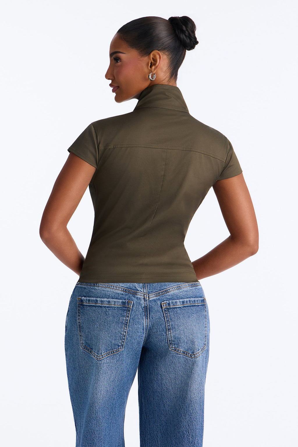 Tina Funnel Neck Button Up Top - Olive