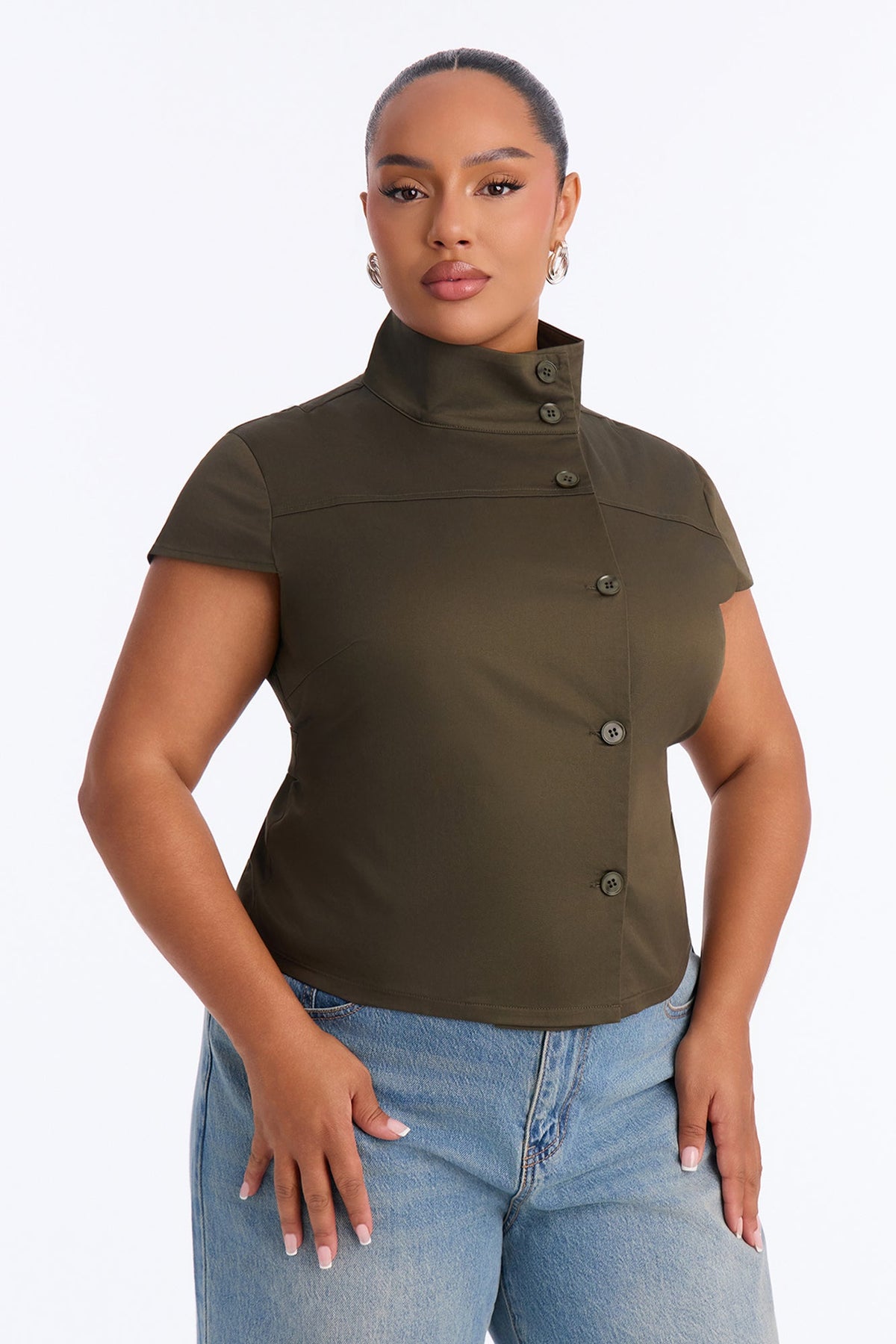 Tina Funnel Neck Button Up Top - Olive