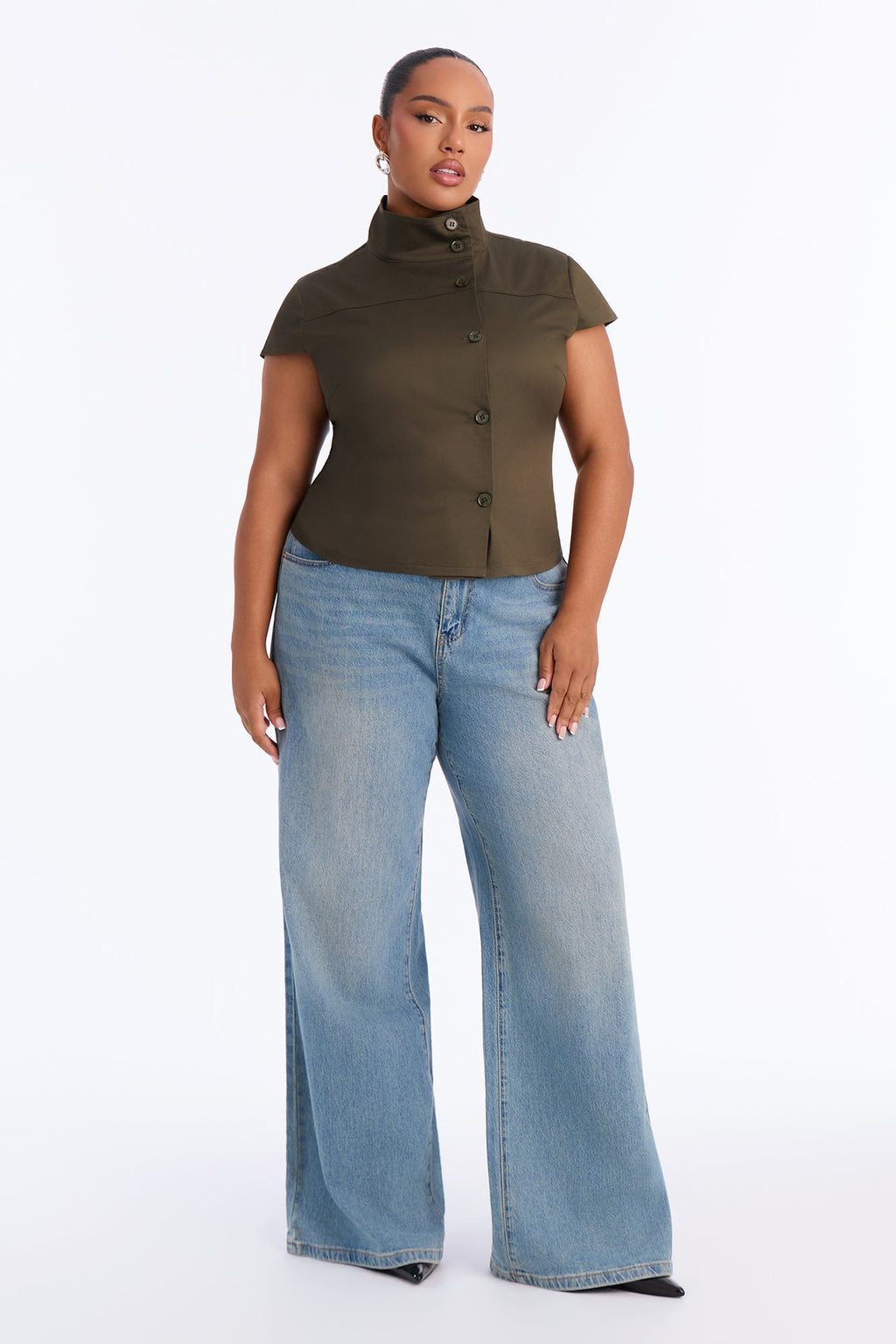 Tina Funnel Neck Button Up Top - Olive