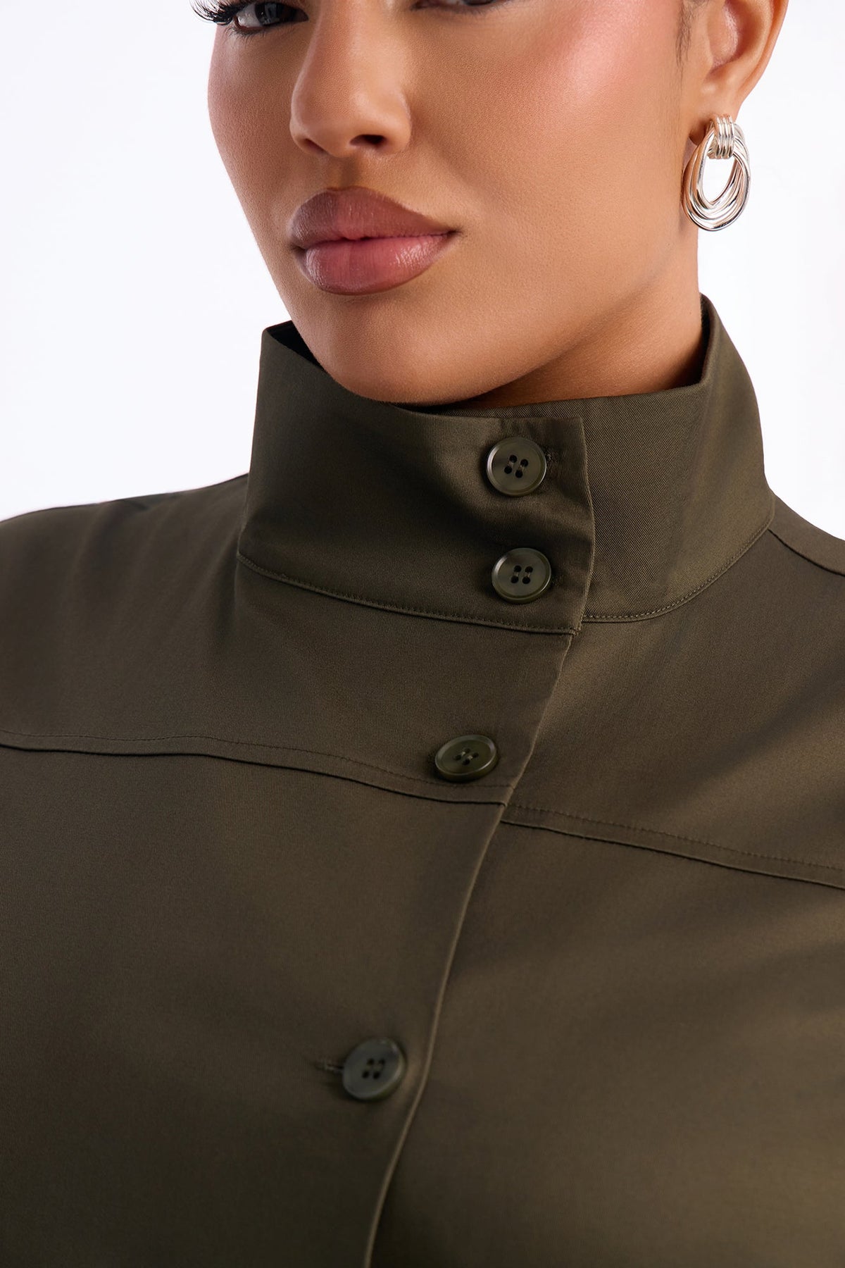Tina Funnel Neck Button Up Top - Olive