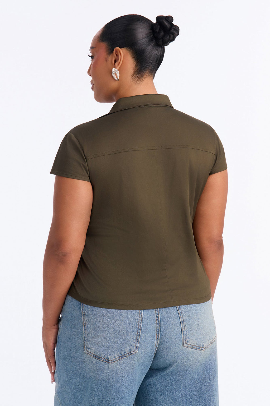 Tina Funnel Neck Button Up Top - Olive