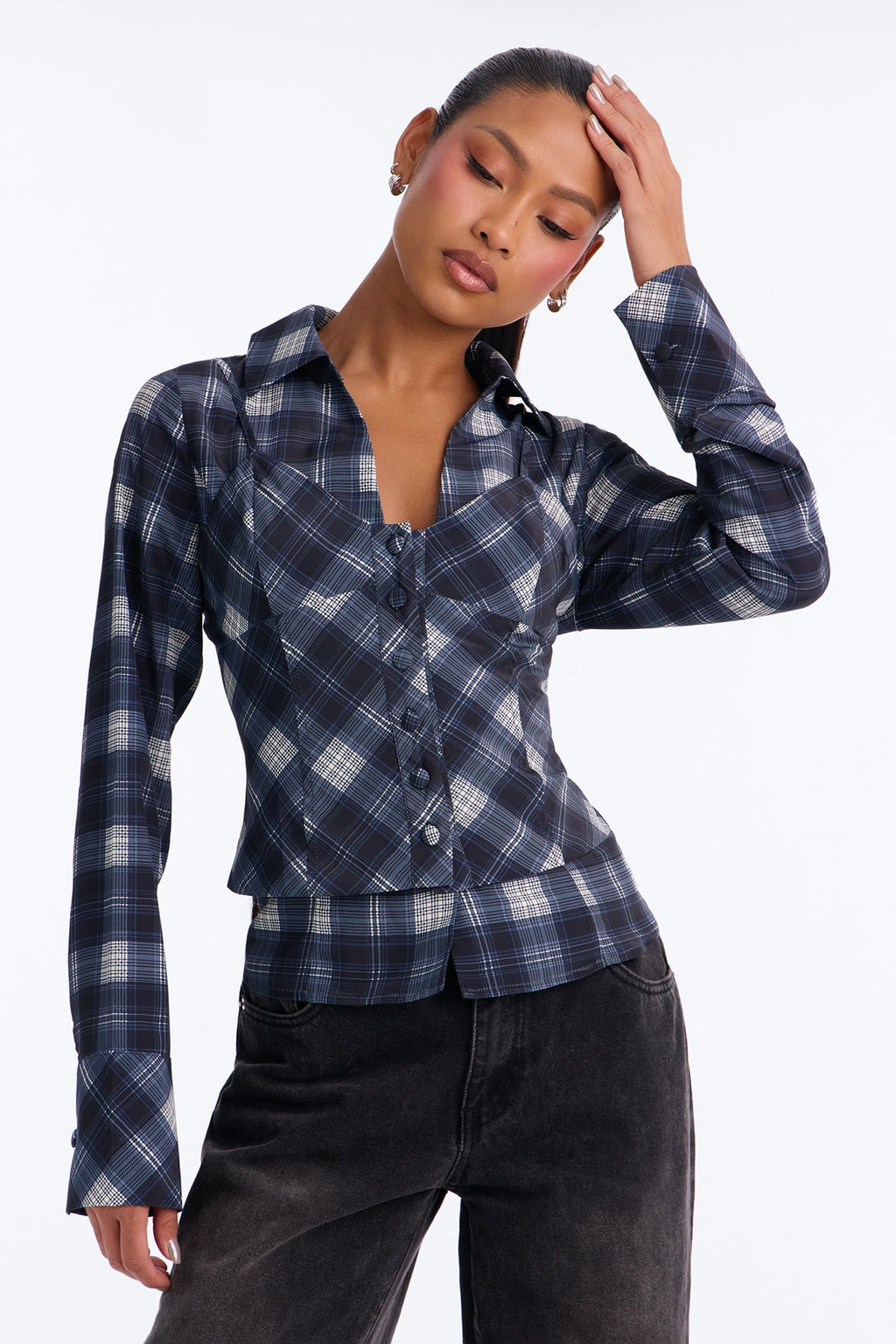Bailey Plaid 2Fer Button Up Blouse - Blue/combo