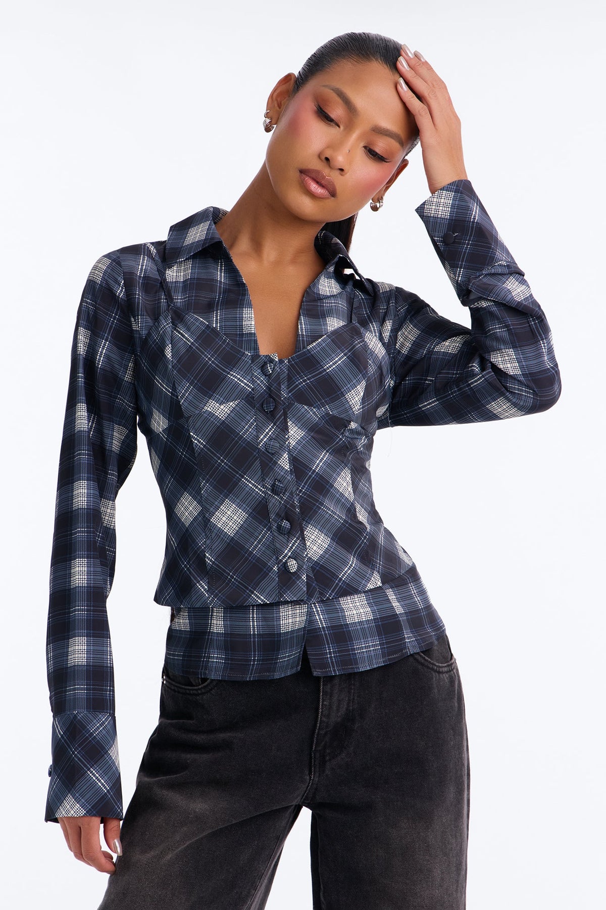 Bailey Plaid 2Fer Button Up Blouse - Blue/combo