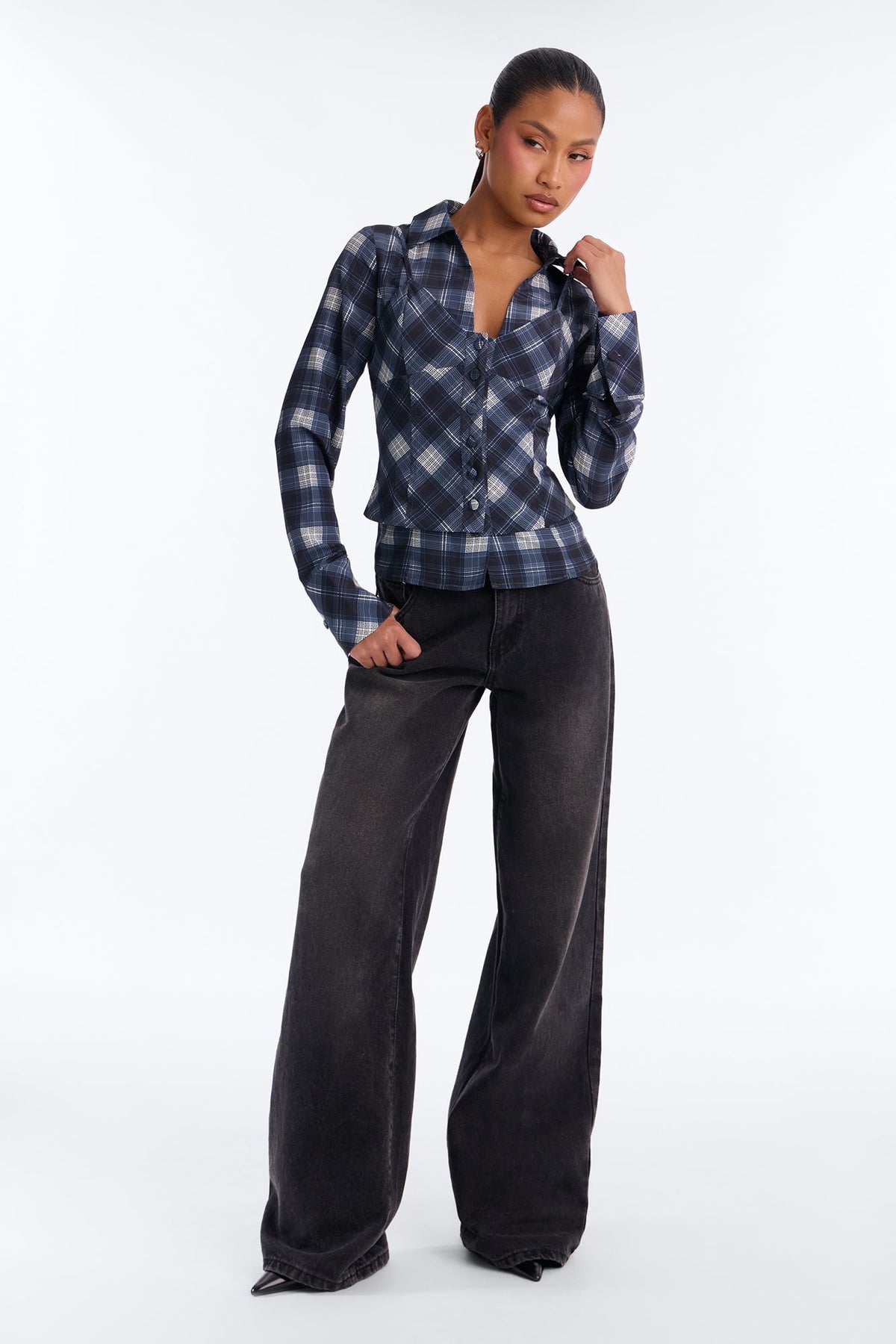 Bailey Plaid 2Fer Button Up Blouse - Blue/combo
