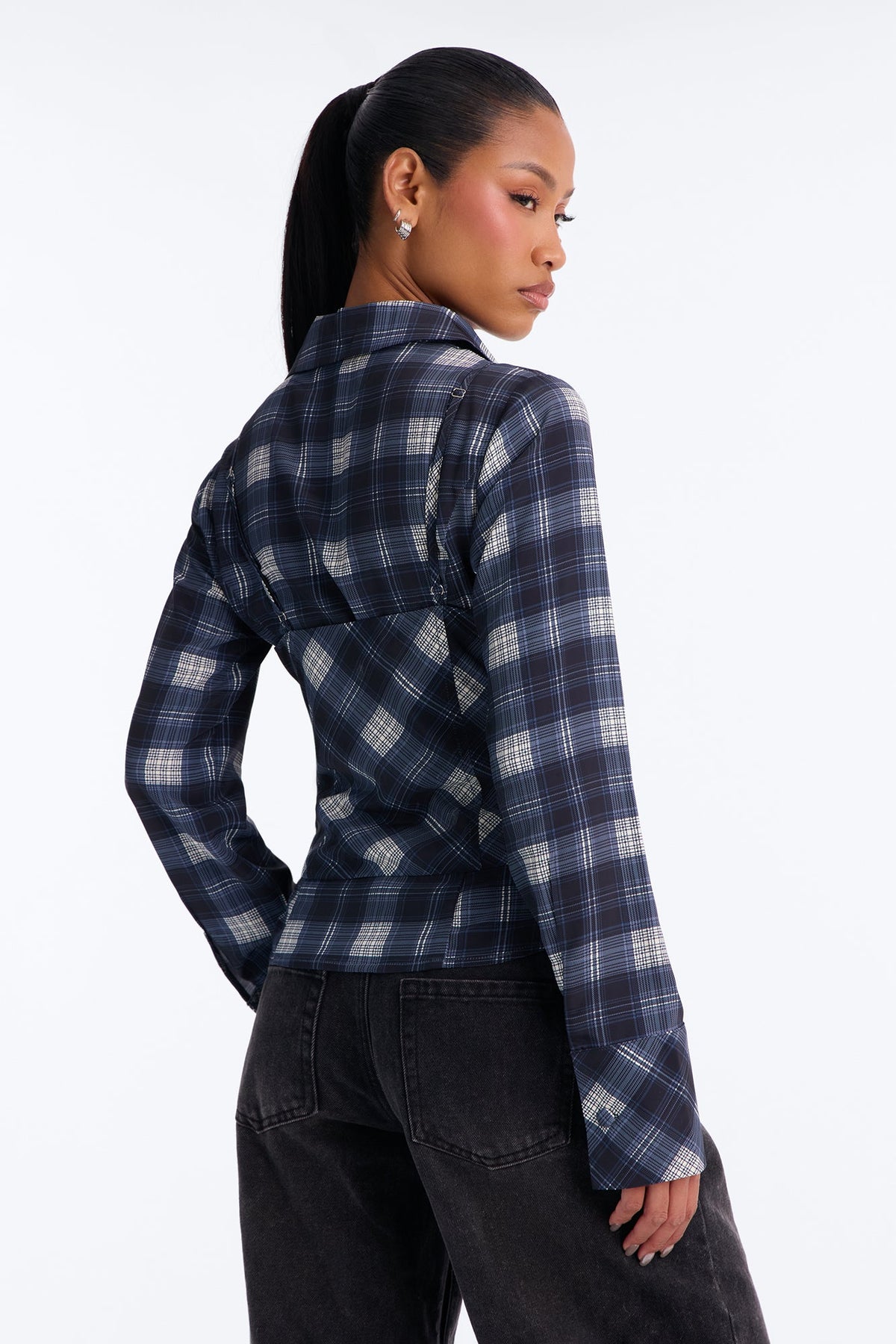 Bailey Plaid 2Fer Button Up Blouse - Blue/combo