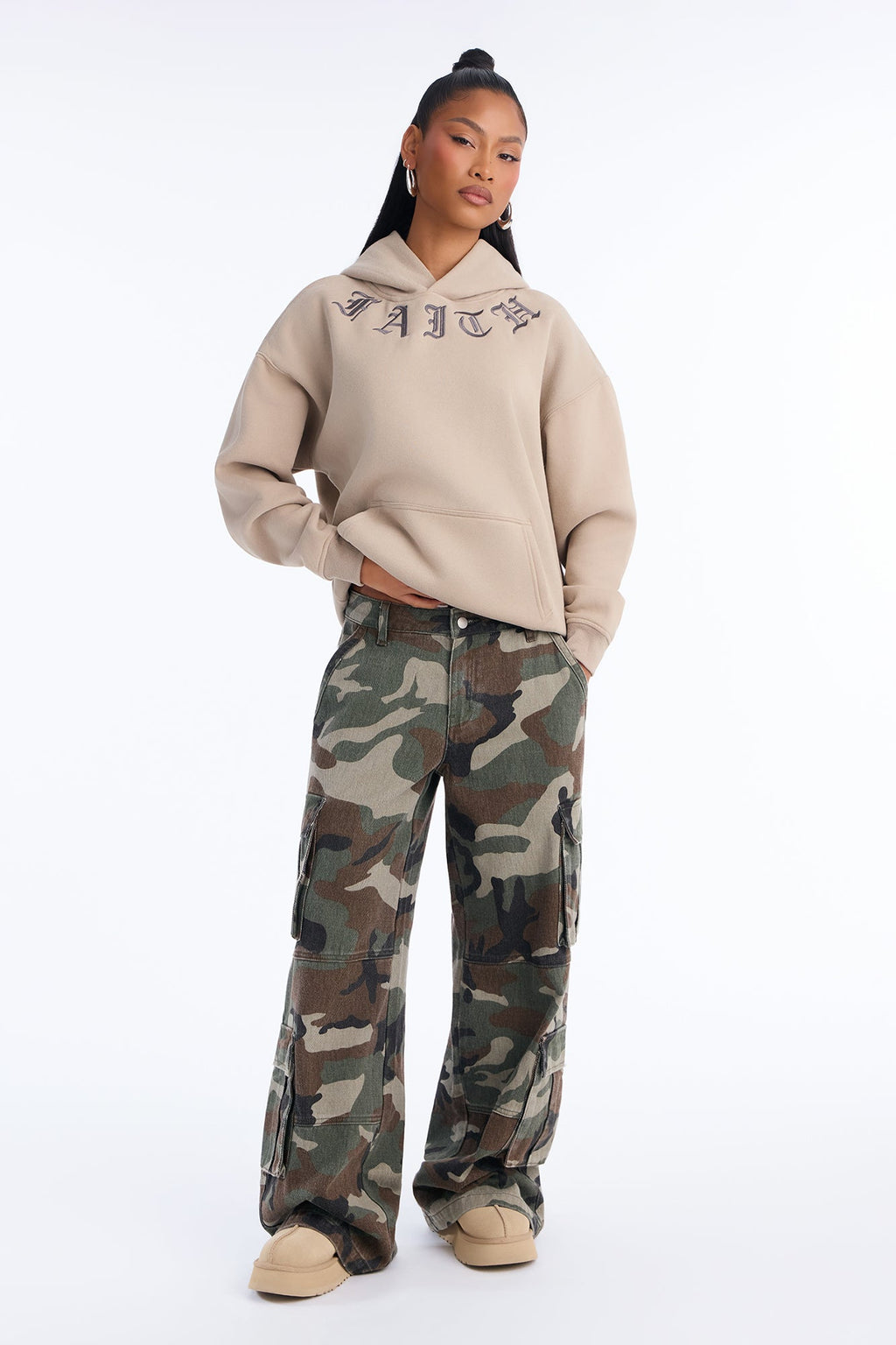 Faith Over Everything Embroidered Hoodie - Stone