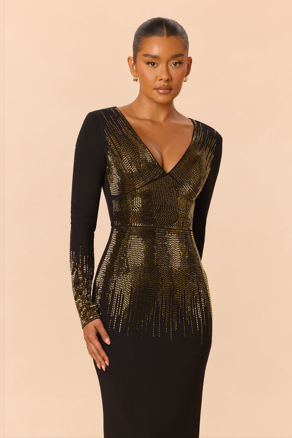Farrah Long Sleeve Embellished Maxi Dress - Black/Gold