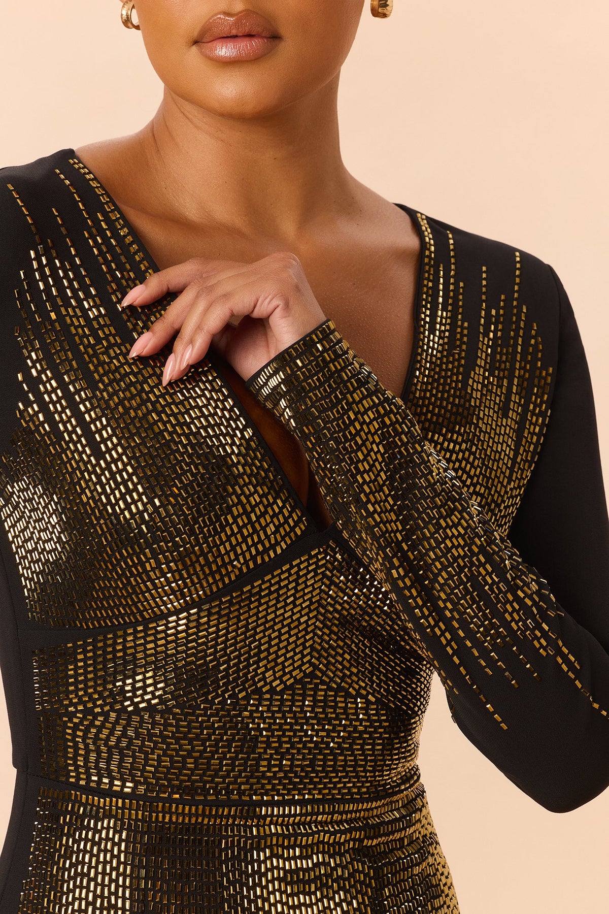 Farrah Long Sleeve Embellished Maxi Dress - Black/Gold