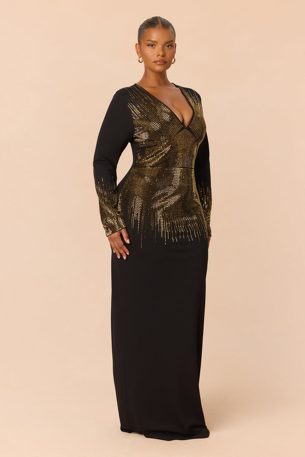 Farrah Long Sleeve Embellished Maxi Dress - Black/Gold