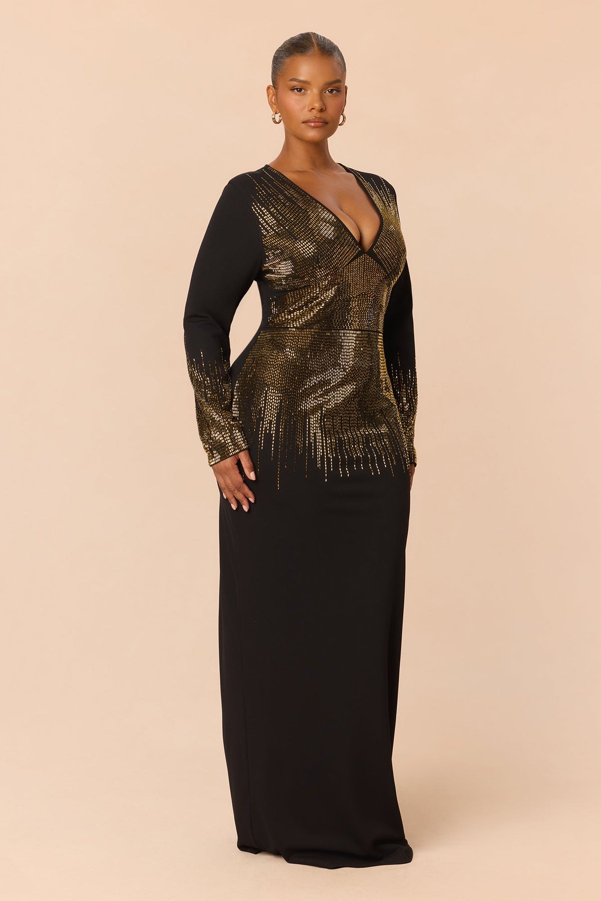 Farrah Long Sleeve Embellished Maxi Dress - Black/Gold