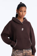 Cherub Embroidered Whip Stitch Fleece Hoodie - Brown