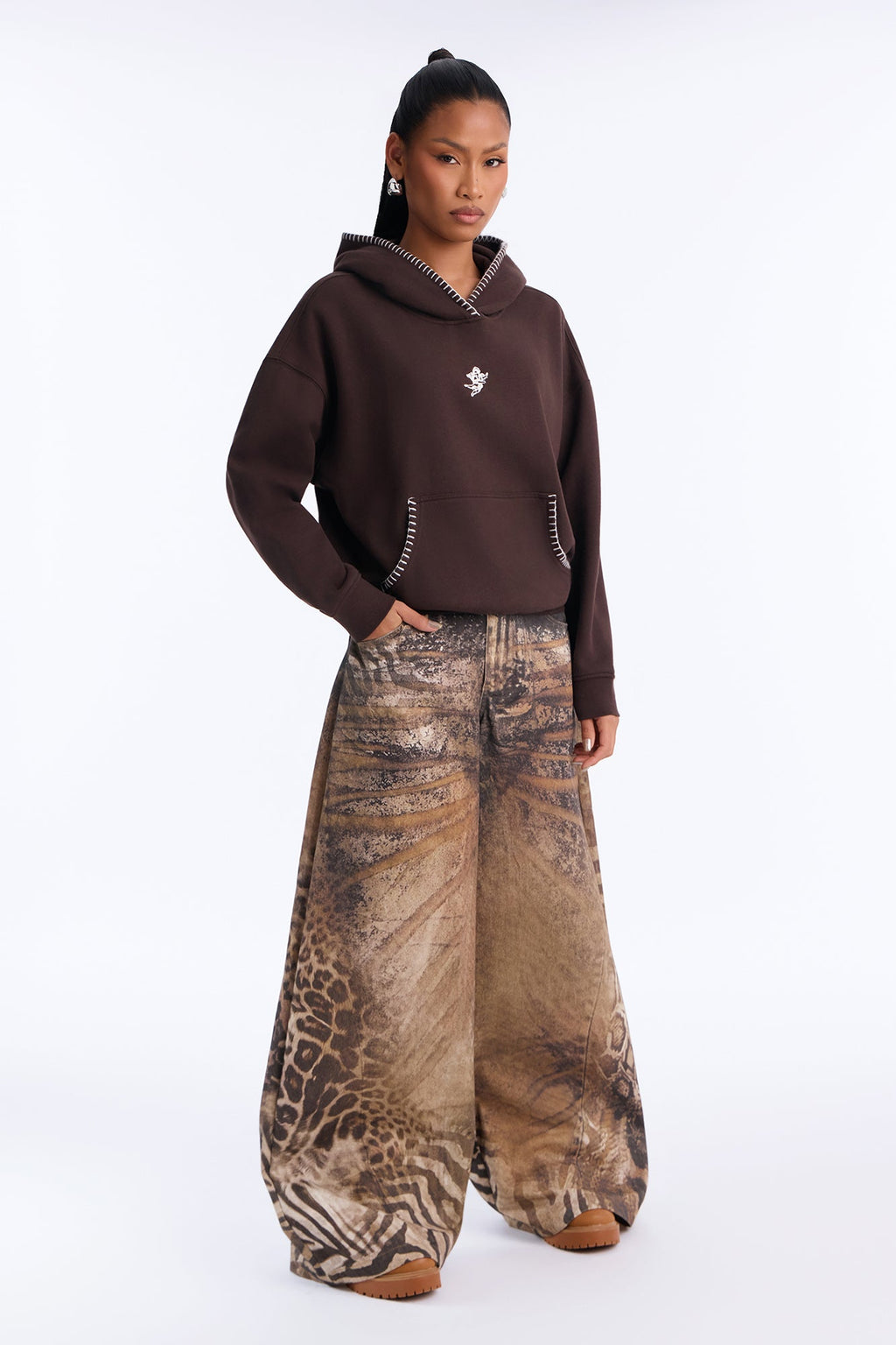 Cherub Embroidered Whip Stitch Fleece Hoodie - Brown