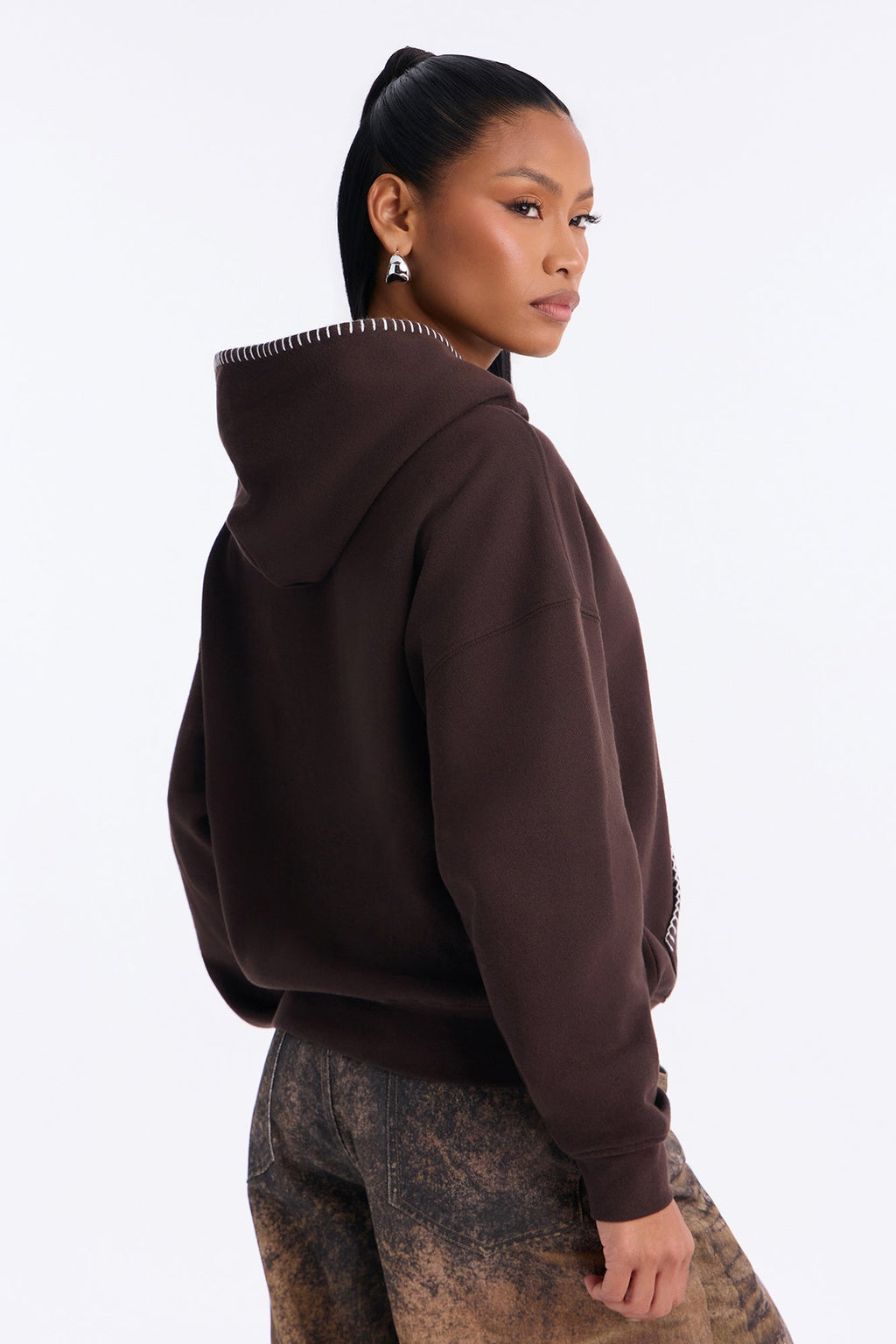 Cherub Embroidered Whip Stitch Fleece Hoodie - Brown