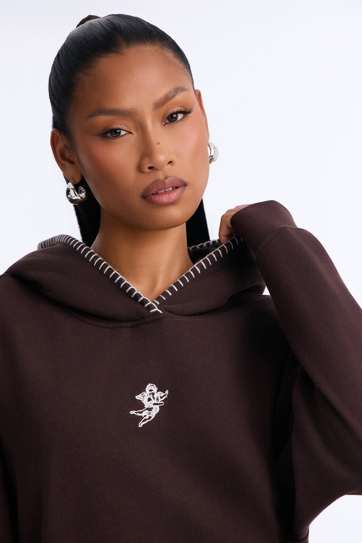 Cherub Embroidered Whip Stitch Fleece Hoodie - Brown