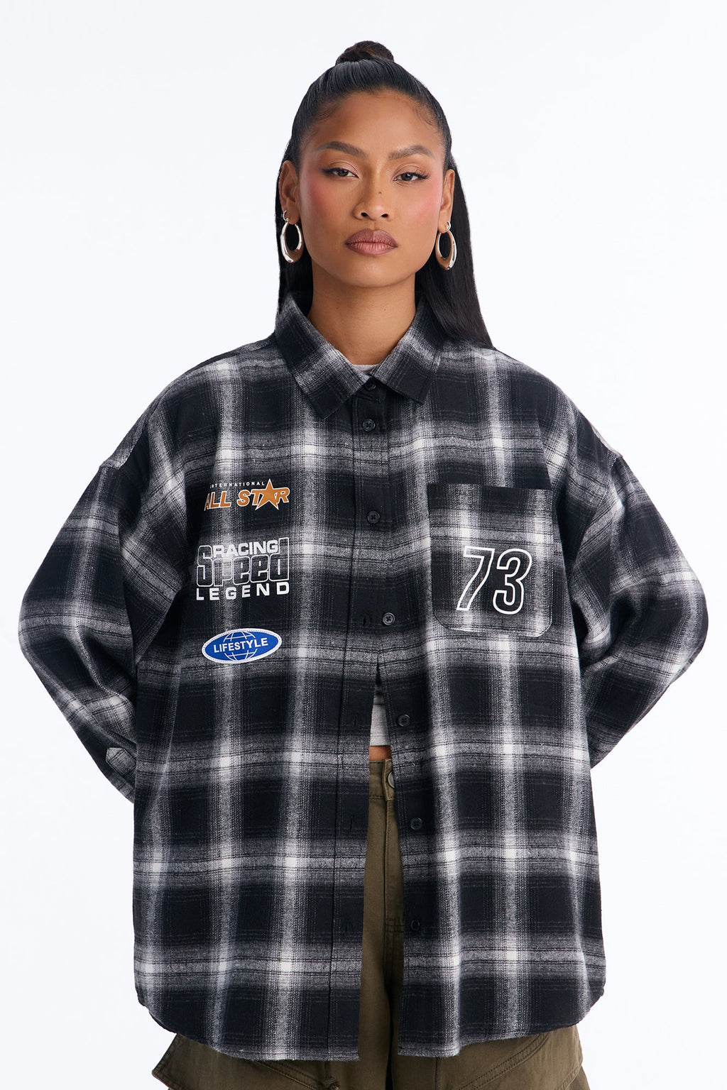All Star Racing Plaid Button Down Flannel T-Shirt - Black/combo