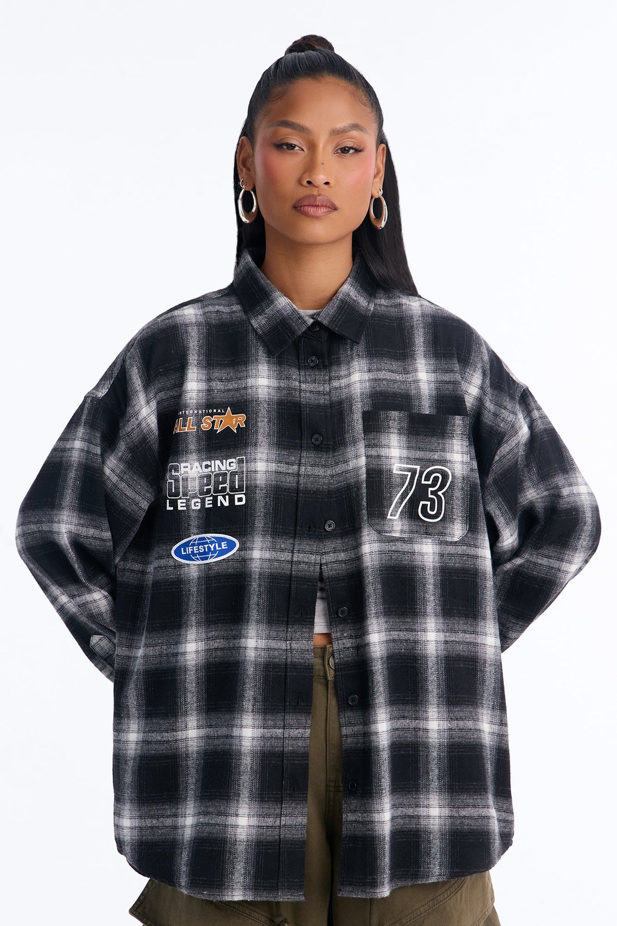 All Star Racing Plaid Button Down Flannel T-Shirt - Black/combo