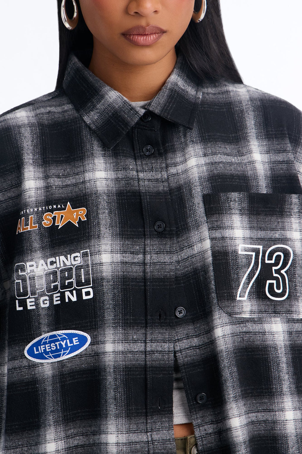 All Star Racing Plaid Button Down Flannel T-Shirt - Black/combo