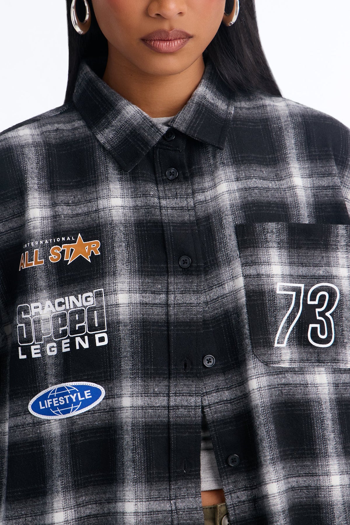All Star Racing Plaid Button Down Flannel T-Shirt - Black/combo