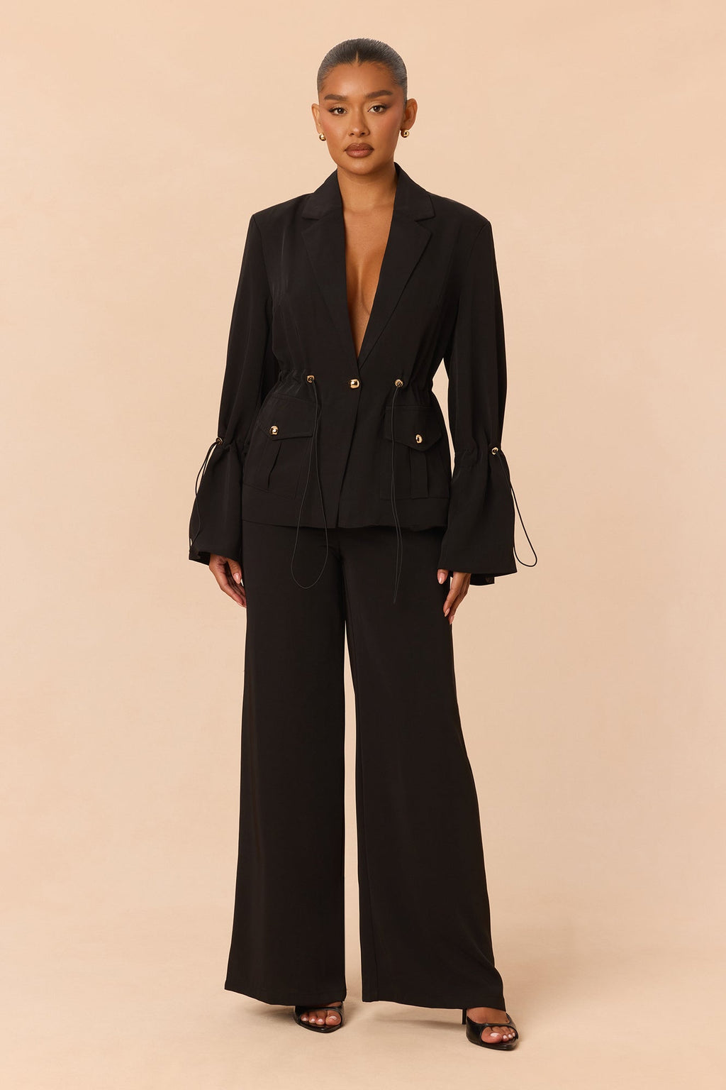 Nia Drawstring Blazer Pant Set - Black