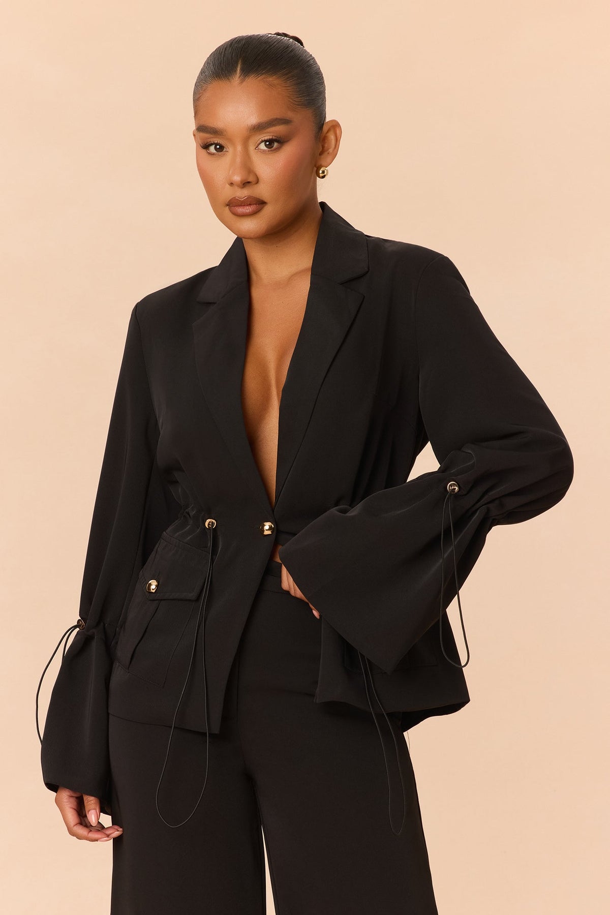 Nia Drawstring Blazer Pant Set - Black