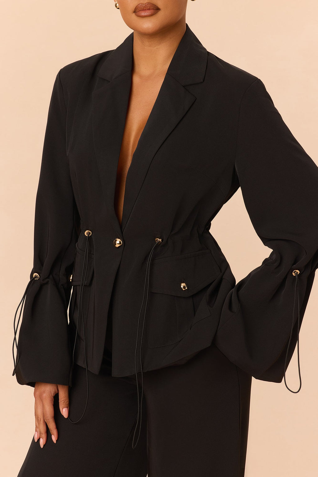 Nia Drawstring Blazer Pant Set - Black